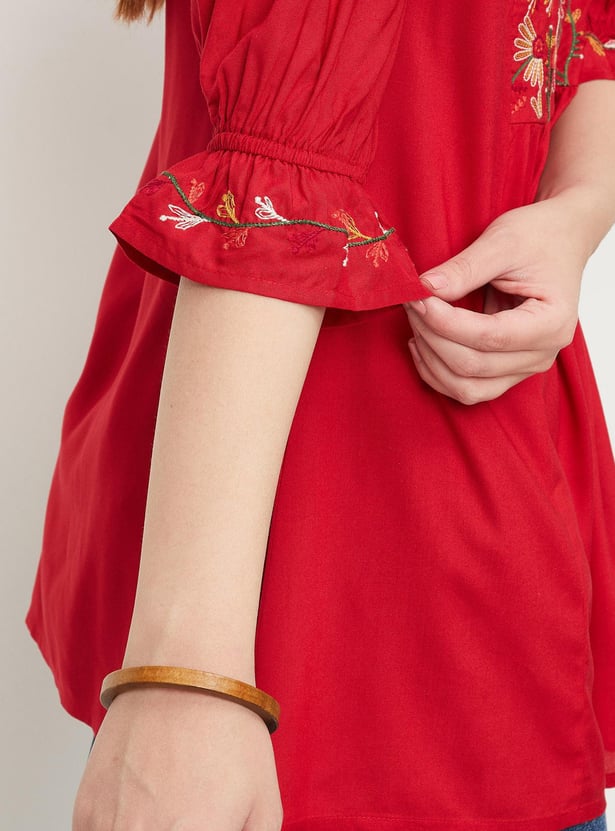Women Embroidered Ruffled Sleeve Tunic