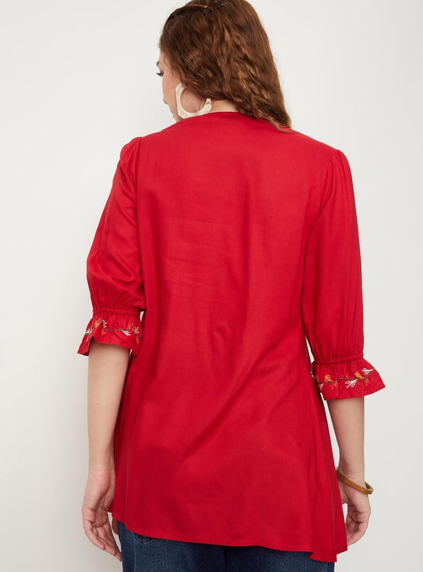 Women Embroidered Ruffled Sleeve Tunic