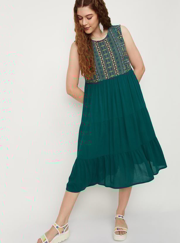 Women Embroidered Yoke Tiered Dress