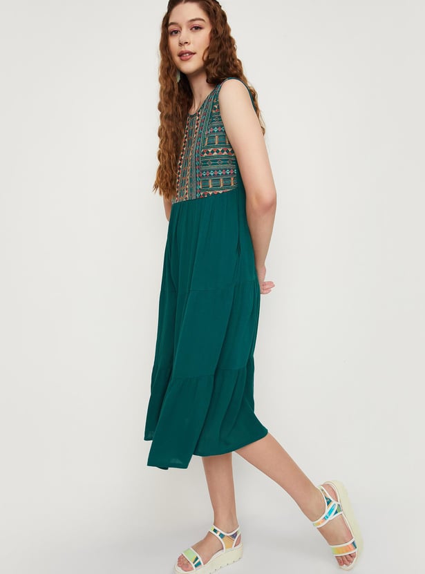 Women Embroidered Yoke Tiered Dress
