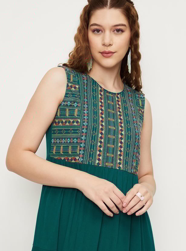 Women Embroidered Yoke Tiered Dress