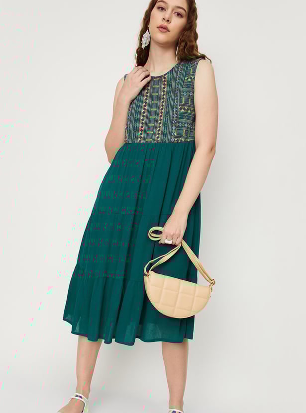 Women Embroidered Yoke Tiered Dress