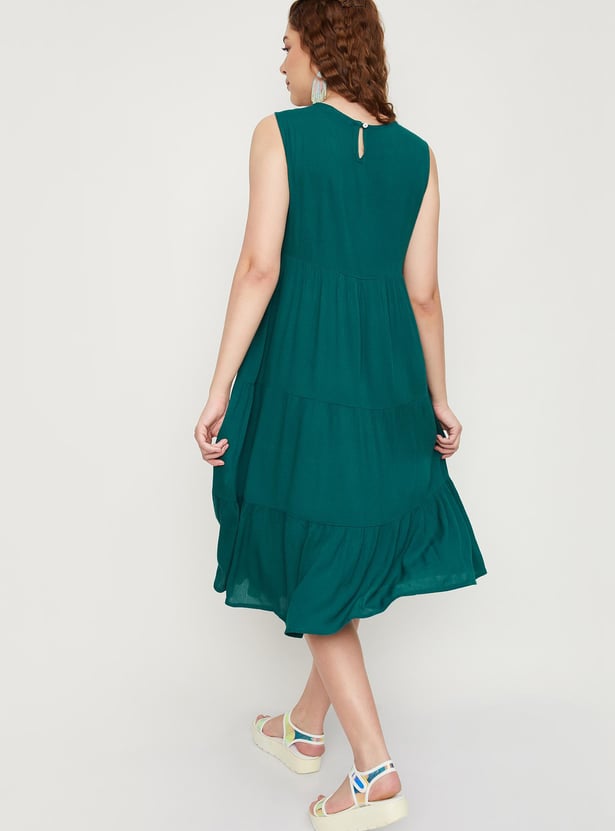 Women Embroidered Yoke Tiered Dress
