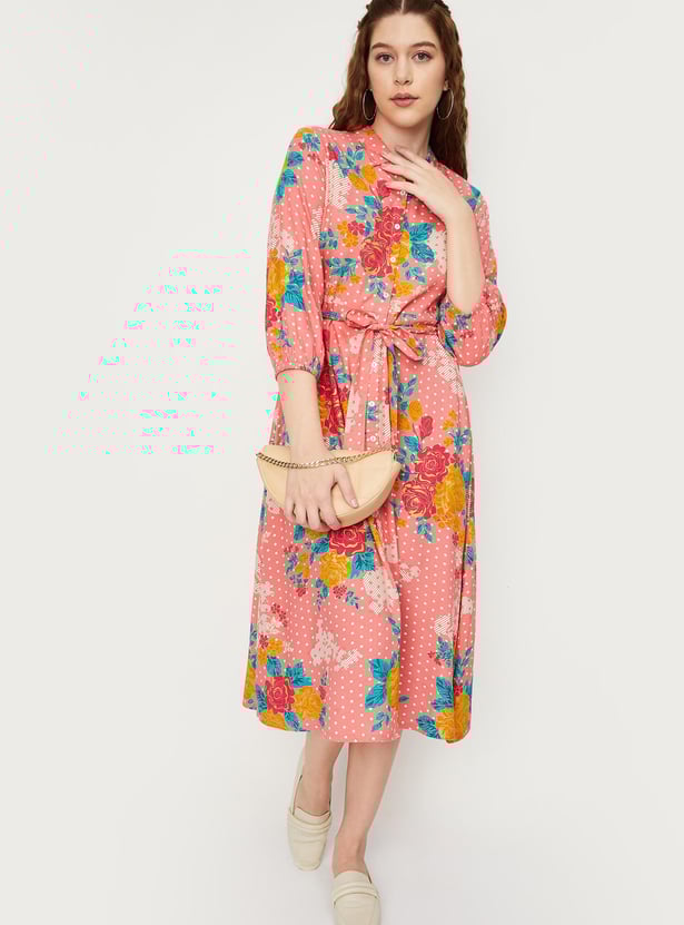 Women All-Over Printed Shirt Dress with Melon Sleeves