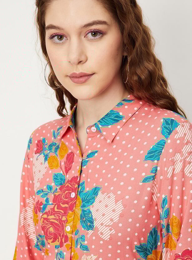 Women All-Over Printed Shirt Dress with Melon Sleeves