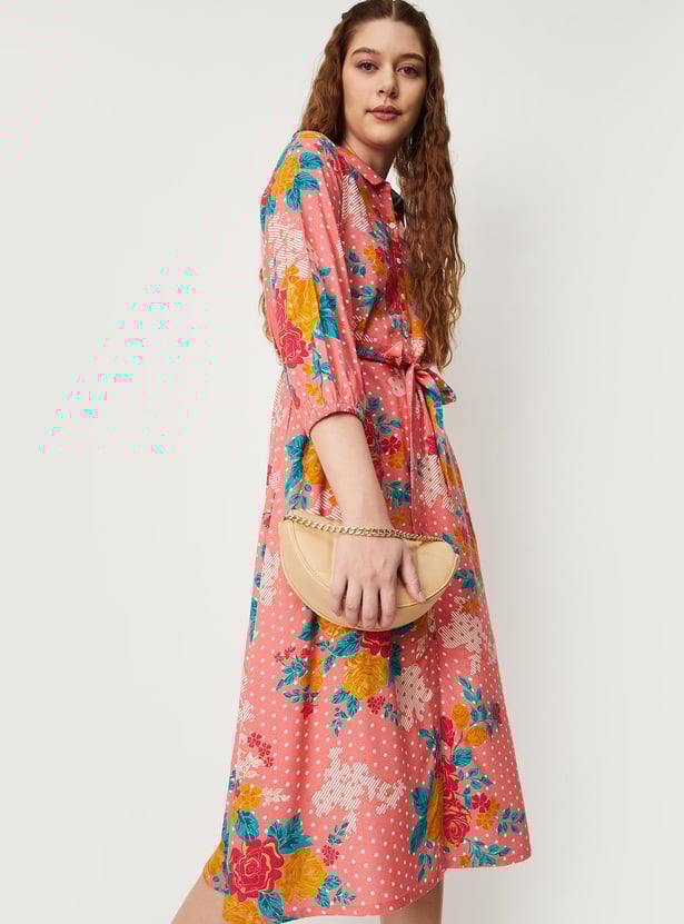 Women All-Over Printed Shirt Dress with Melon Sleeves