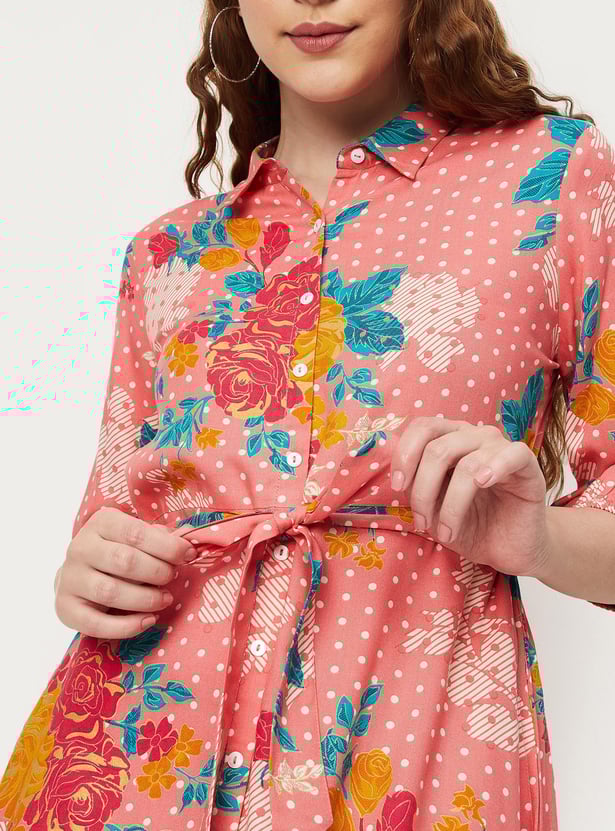 Women All-Over Printed Shirt Dress with Melon Sleeves