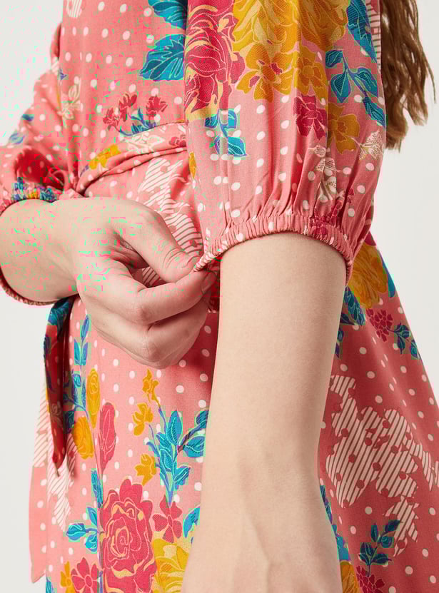 Women All-Over Printed Shirt Dress with Melon Sleeves
