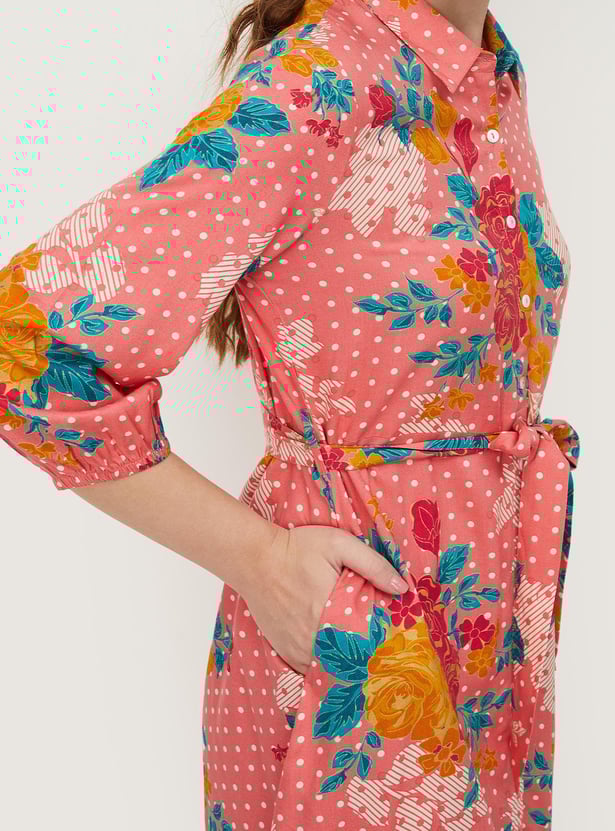 Women All-Over Printed Shirt Dress with Melon Sleeves