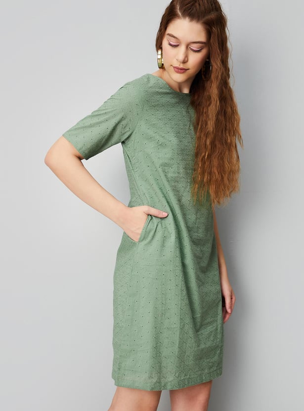 Women Schiffli Yarn Dyed Shift Dress