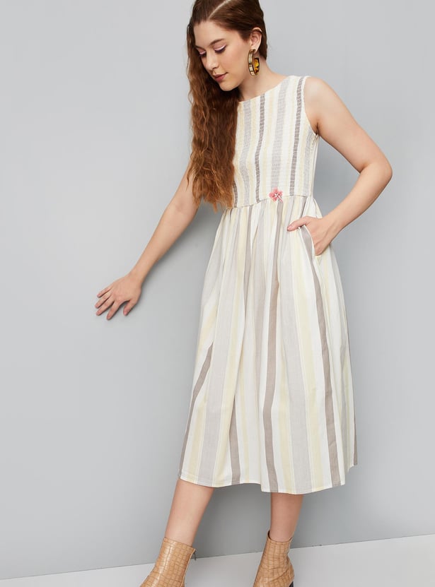 Women Smocked Front Yarn Dyed Dress