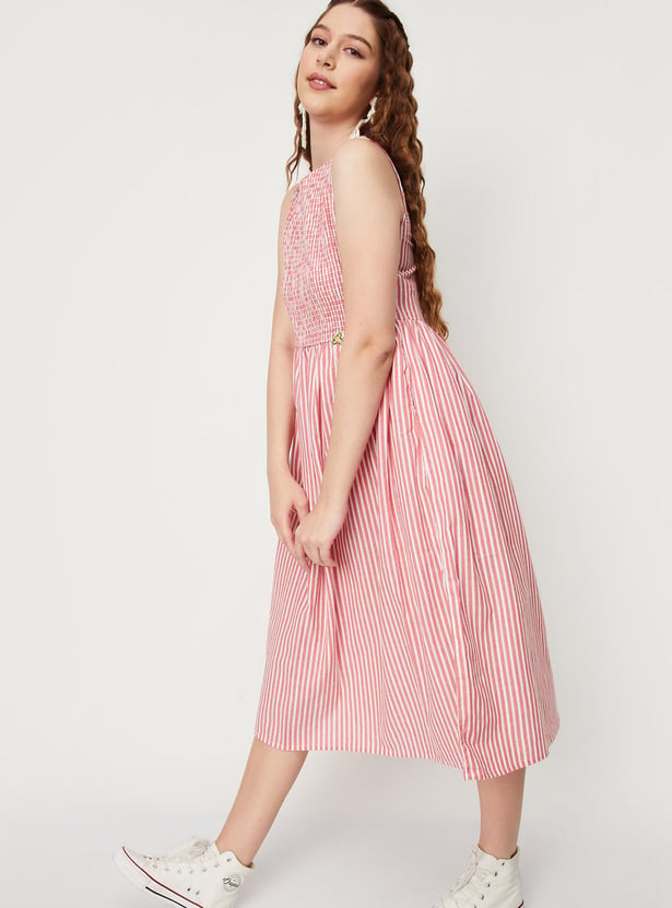 Babyhug Woven Yarn Dyed Striped Singlet Frock with Half Sleeves Knitted Inner Tee - Pink & White