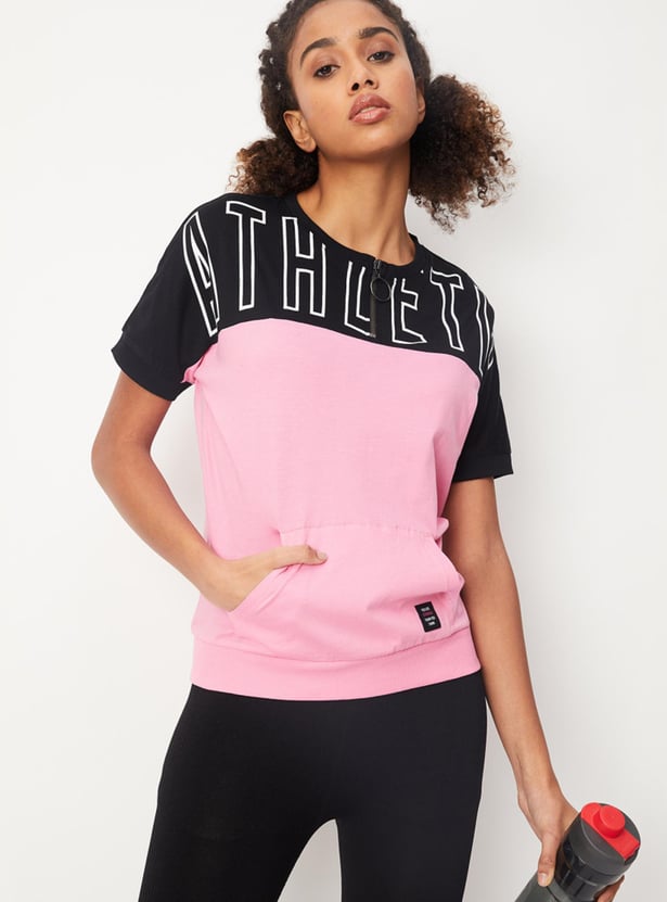 Women Colourblock Zipper T-shirt