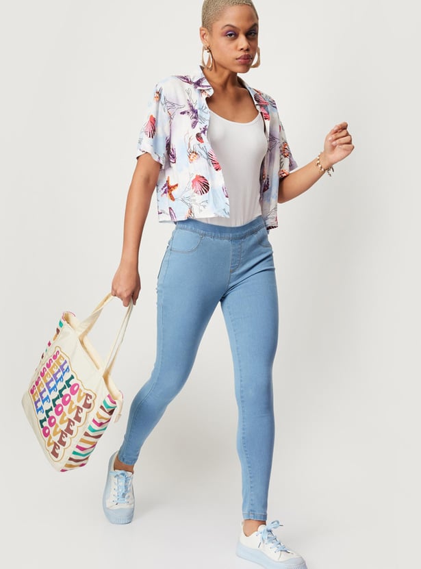 Women Washed Elasticated Waist Jeggings
