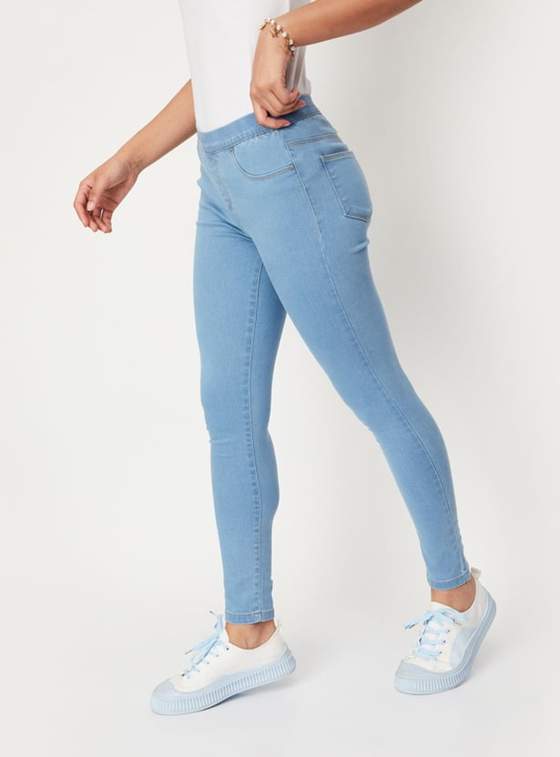 Women Washed Elasticated Waist Jeggings