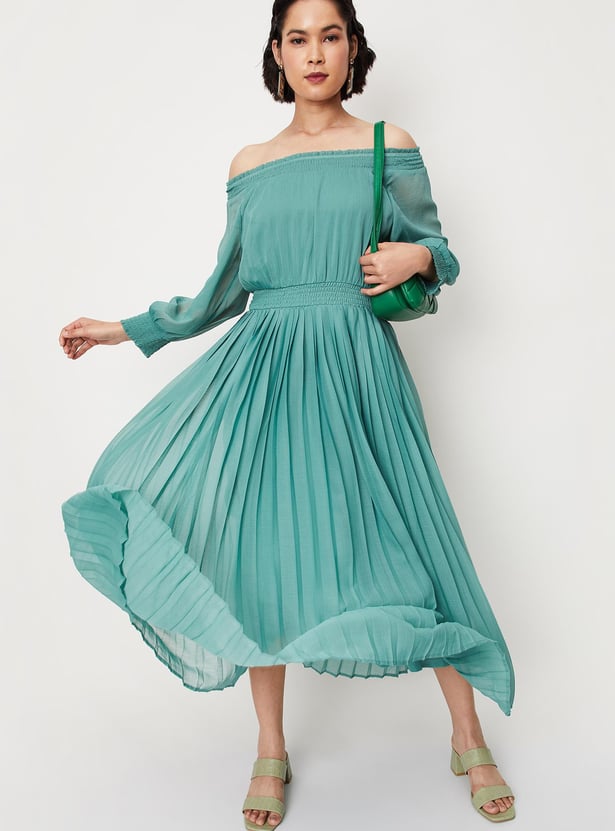 Women Pleated Off-Shoulder Maxi Dress