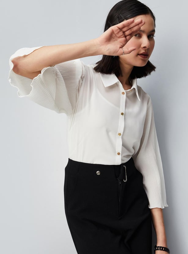 Women Solid Blouse with Pleated Sleeves