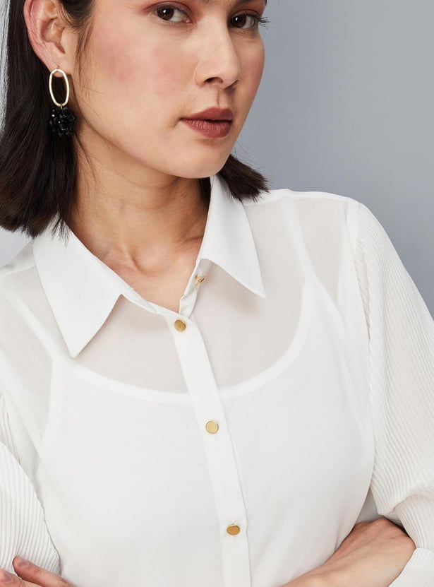Women Solid Blouse with Pleated Sleeves