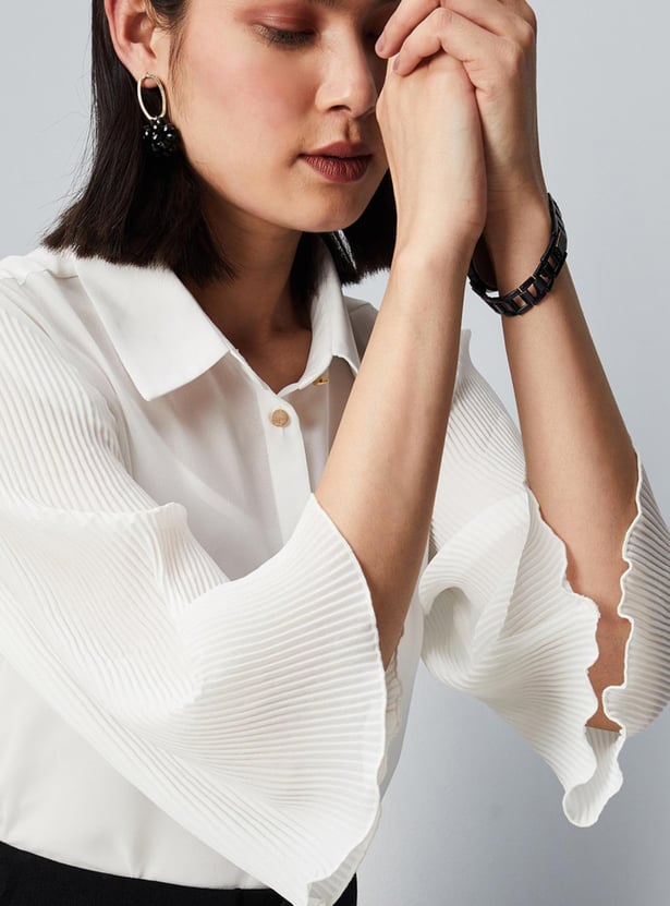 Women Solid Blouse with Pleated Sleeves