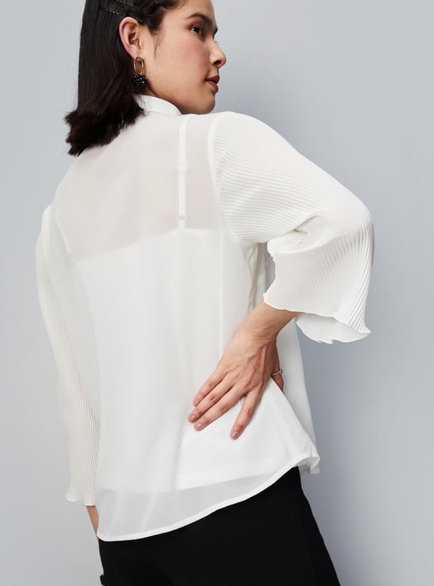 Women Solid Blouse with Pleated Sleeves