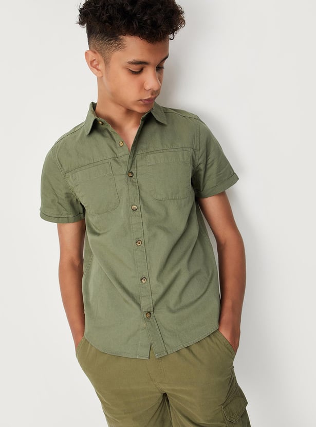 Boys Solid Double Pocket Shirt