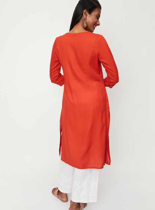 Women Solid Round Neck Straight Kurta