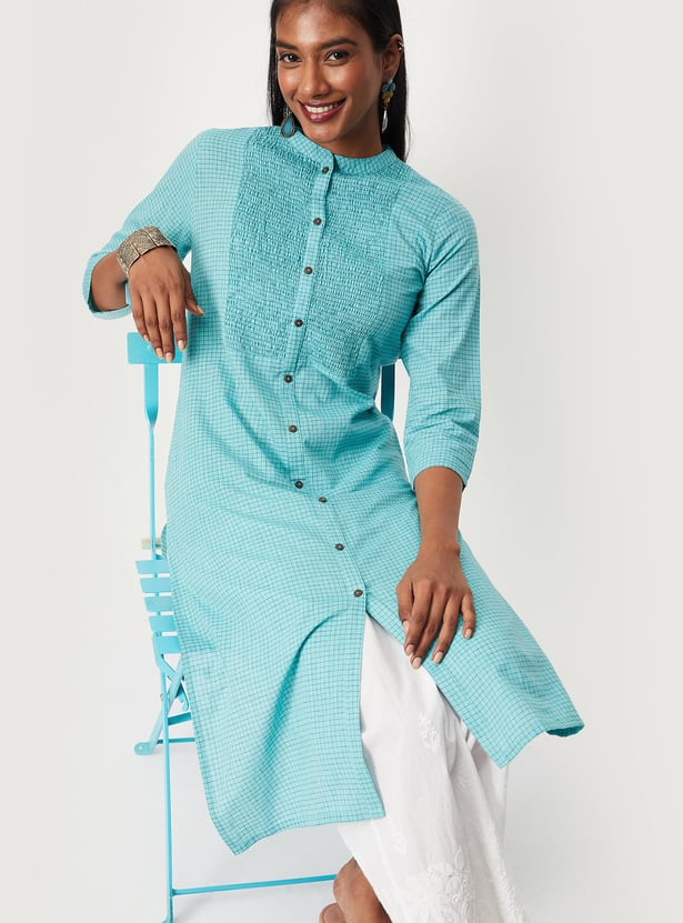 Women Smocked Band Collar A-Line Kurta