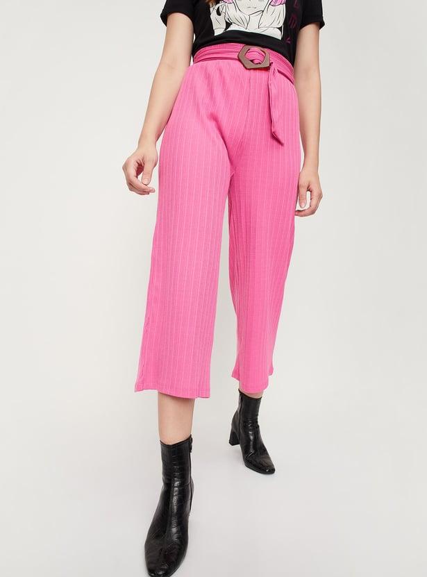 Women Textured Belted Flared Culottes
