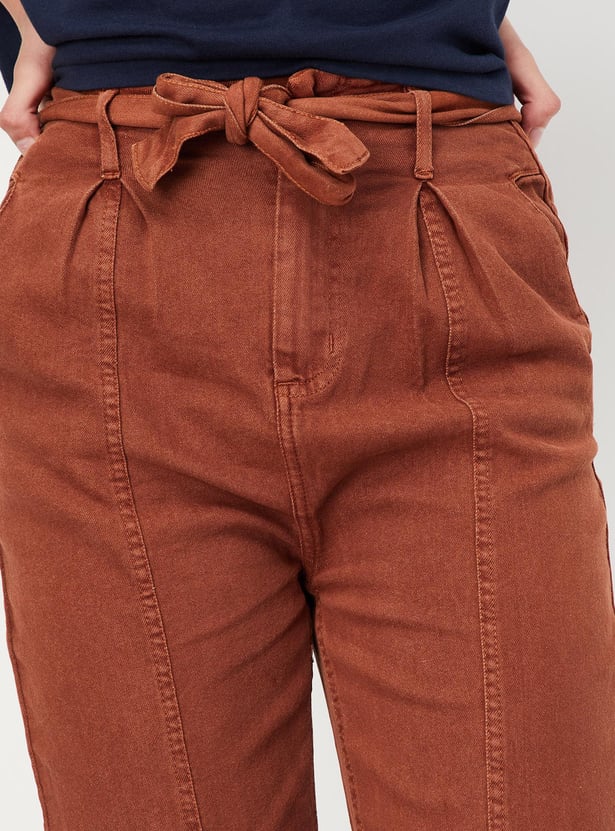 Women Solid Paperbag Waist Trousers