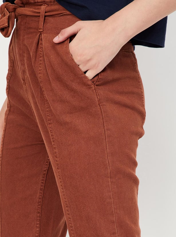 Women Solid Paperbag Waist Trousers