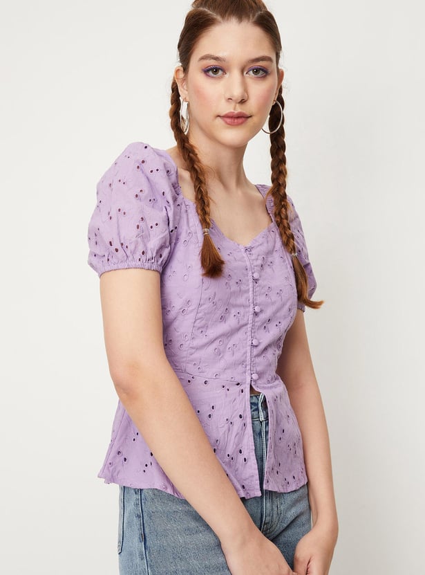 Women Schiffli Woven Peplum Blouse