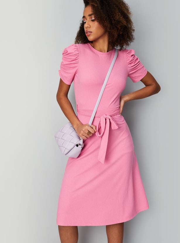 Women Textured Knit Ruched Dress