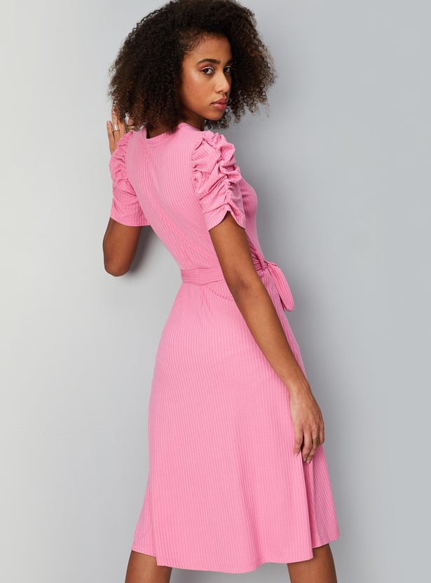 Women Textured Knit Ruched Dress