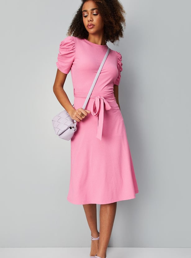 Women Textured Knit Ruched Dress