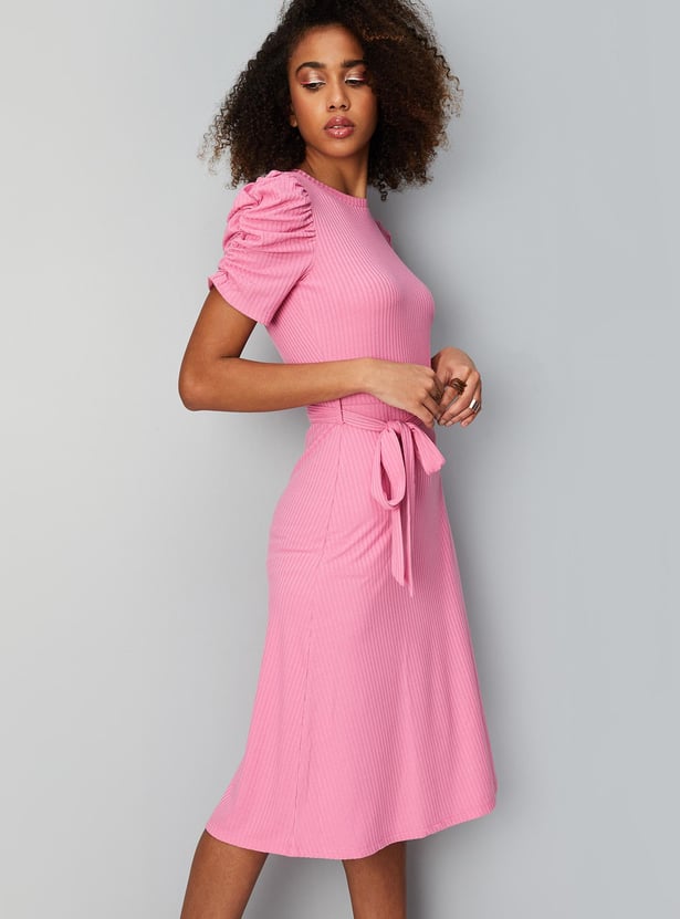 Women Textured Knit Ruched Dress