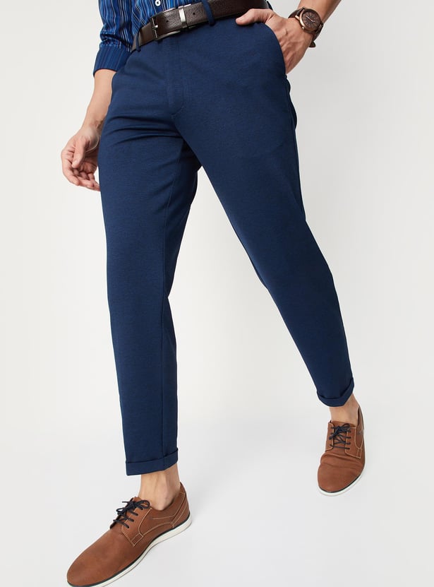 Men Solid Knit Carrot Fit Formal Trousers