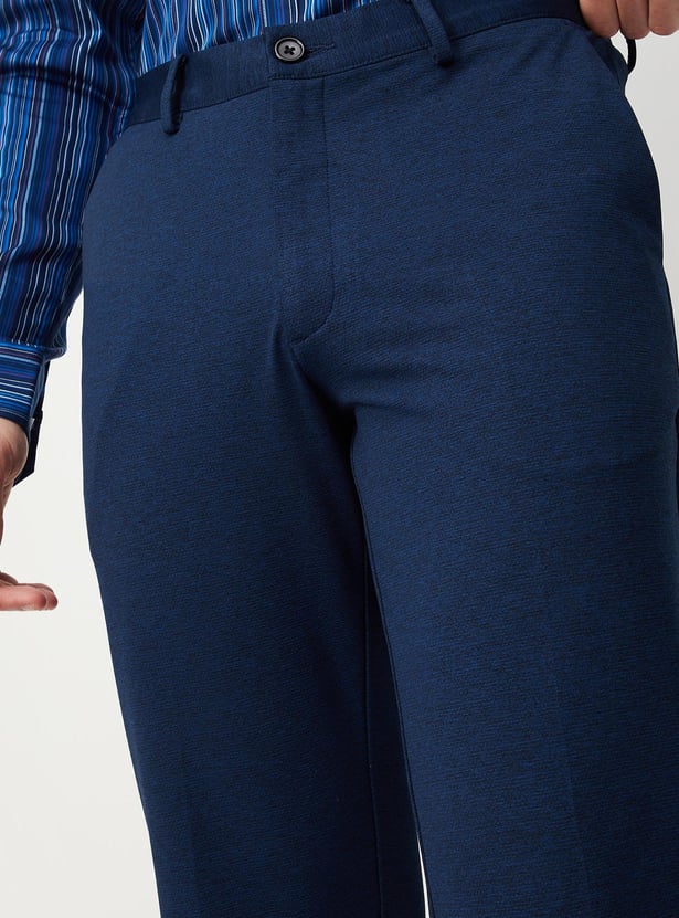 Men Solid Knit Carrot Fit Formal Trousers