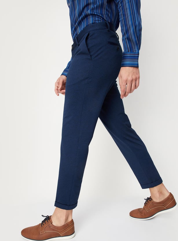 Men Solid Knit Carrot Fit Formal Trousers