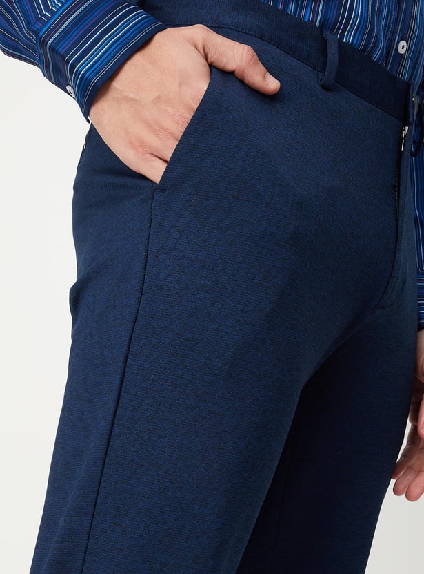Men Solid Knit Carrot Fit Formal Trousers