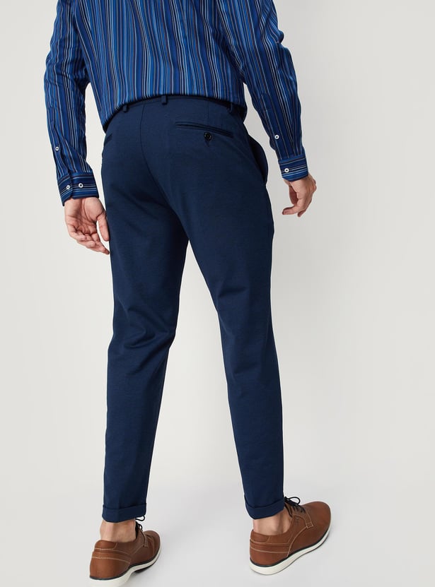 Men Solid Knit Carrot Fit Formal Trousers