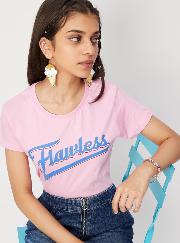 Girls Typographic Printed Cotton T-shirt