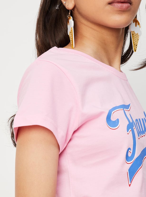 Girls Typographic Printed Cotton T-shirt