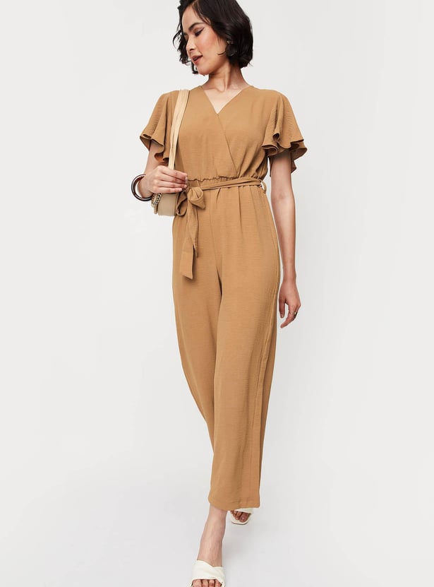 Women Solid Tie-Up Wrap Jumpsuit