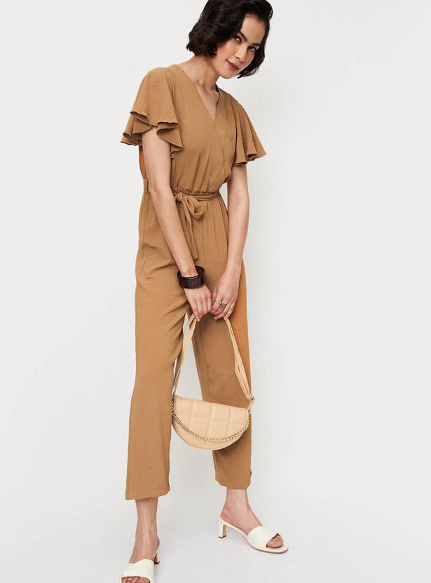 Women Solid Tie-Up Wrap Jumpsuit