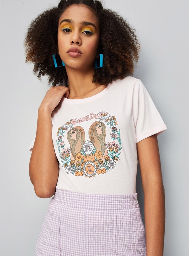 Women Zodiac Printed Round Neck T-shirt