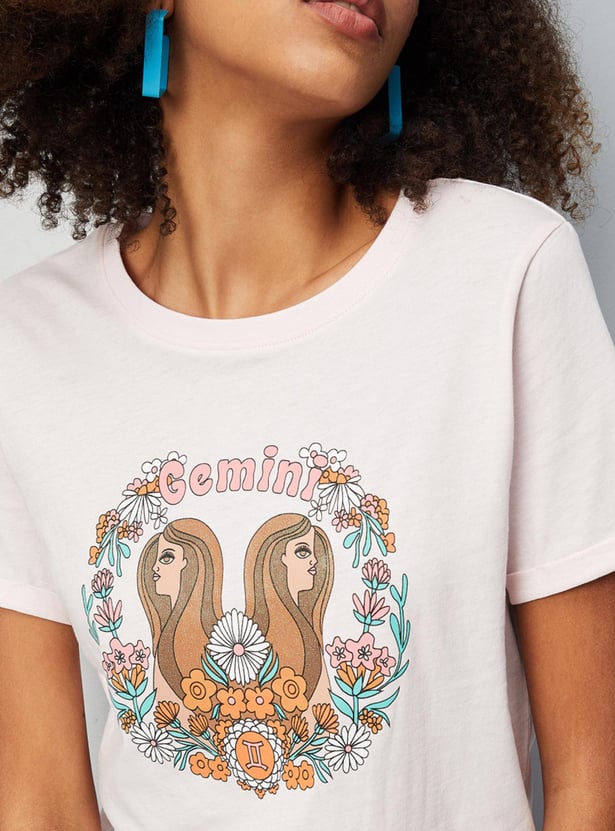 Women Zodiac Printed Round Neck T-shirt
