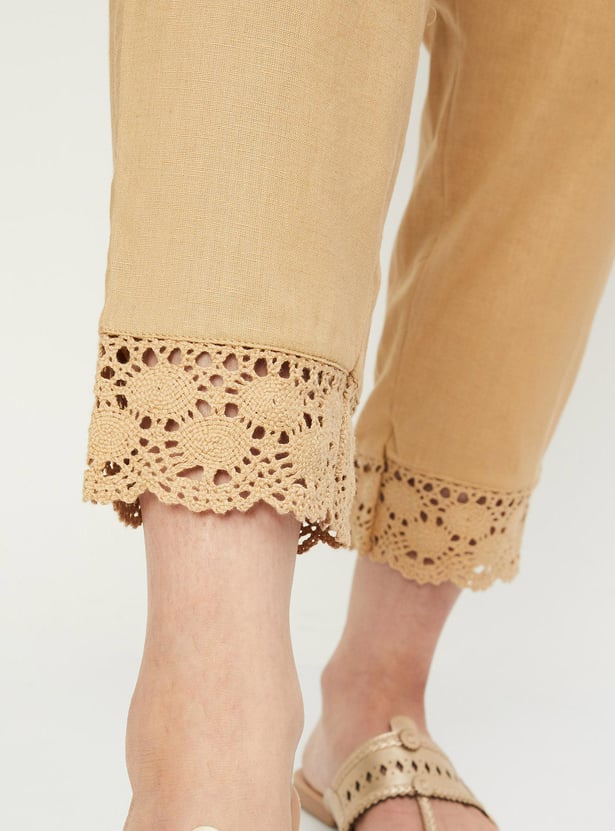 Women Lace Hem Straight Pants