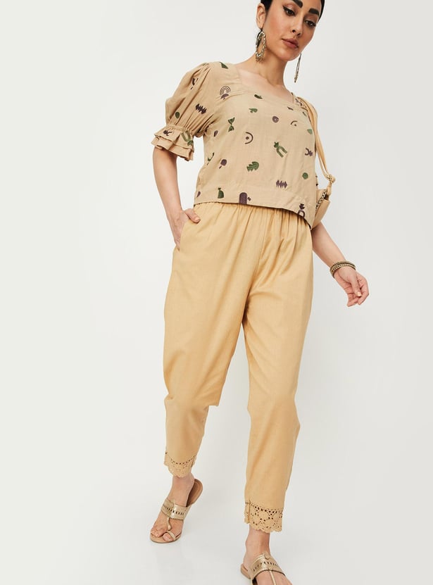 Women Lace Hem Straight Pants