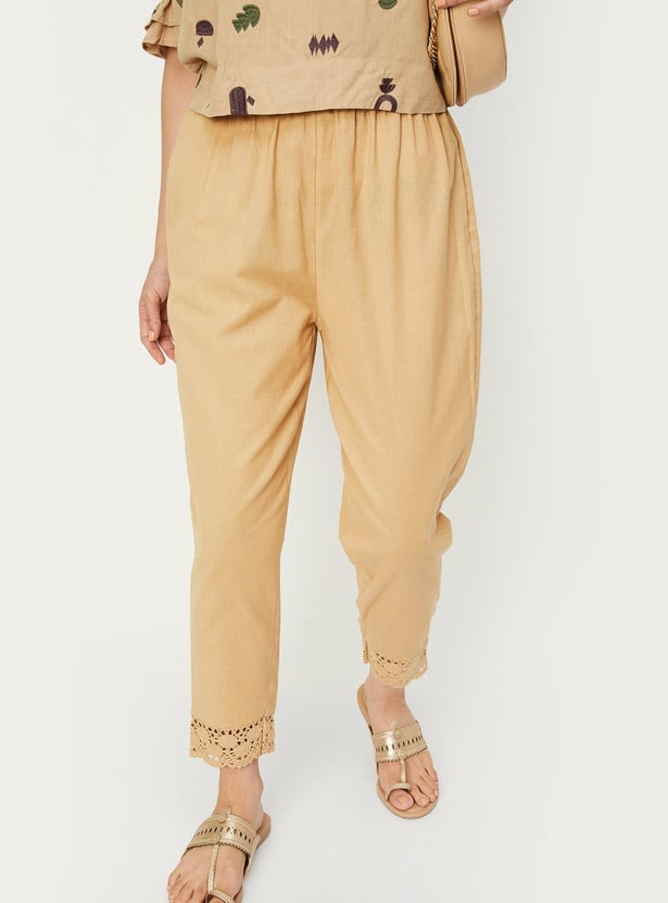 Women Lace Hem Straight Pants