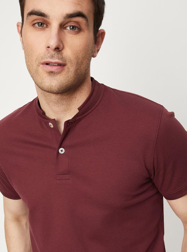 Buy Men Textured Knit Slim Fit Band Collar T-shirt Online at just Rs